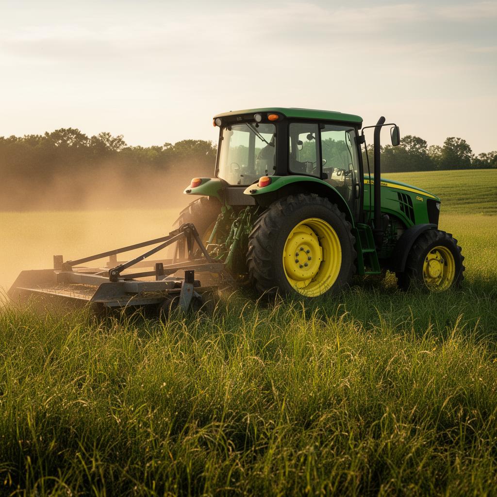 John Deere tractor with bush hog cutting overgrown Kentucky pasture