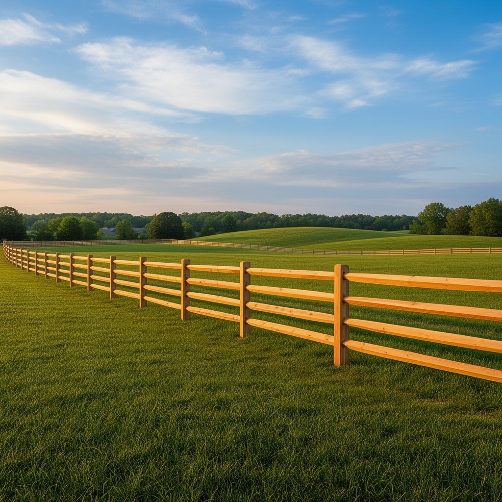 Newly built wooden board fence in a green Kentucky pasture