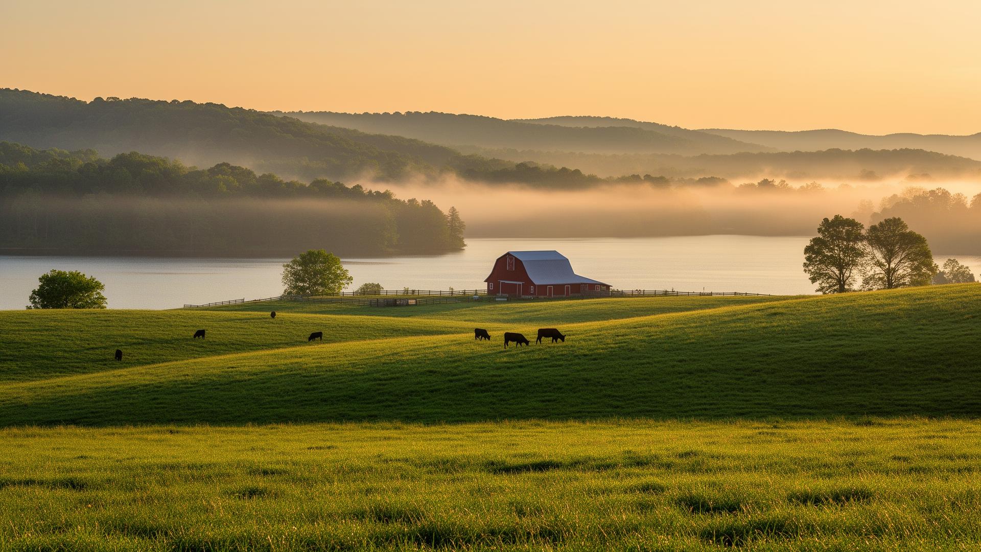 Misty Kentucky hills at sunrise